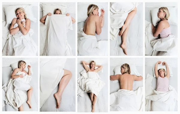 Mujer Rubia Joven Está Durmiendo Varias Poses Conjunto Imágenes Collage — Foto de Stock