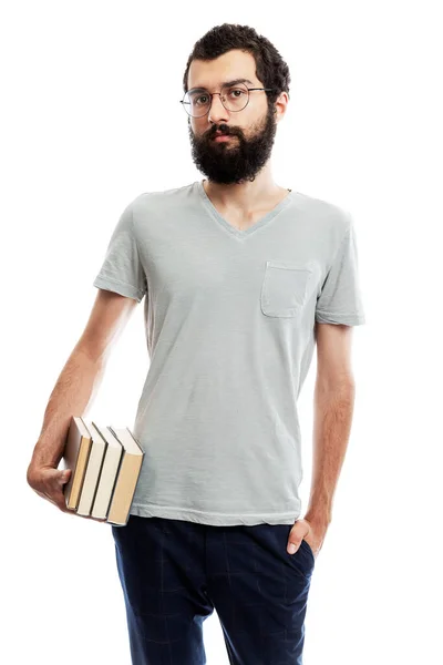 Joven Con Gafas Barba Con Libros Mano Educación Formación Aislado — Foto de Stock