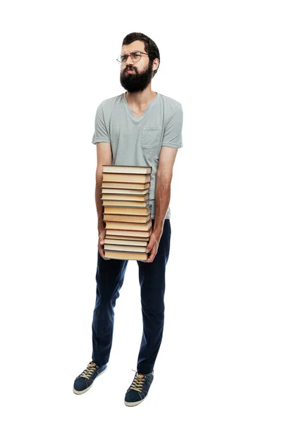 Mladý Muž Brýlemi Vousy Drží Rukou Velkou Hromadu Knih Vzdělání — Stock fotografie