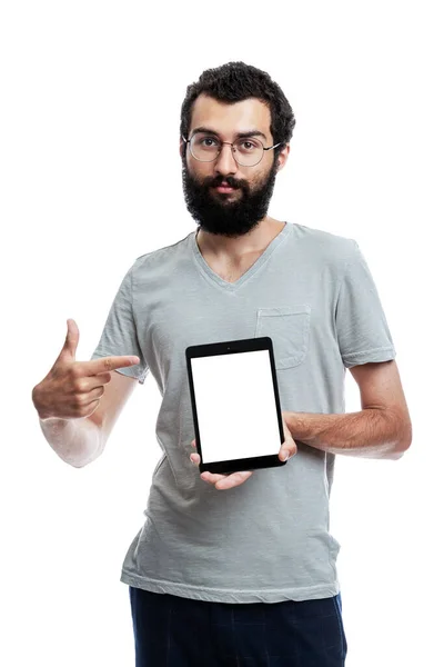 Young Man Tablet Shows Isolated Screen Space Text White Background — Stock Photo, Image