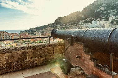 Güneşli bir günde, Monte Carlo 'daki Prince' s Palace 'ın bahçesinde, marinanın arka planında. Güzel manzara.