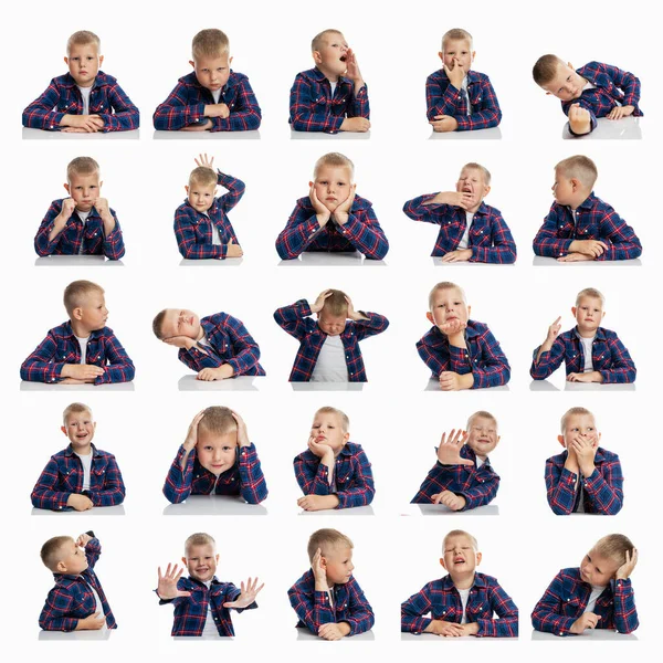 Jonge Emoties Collage Schooljongen Een Geruit Shirt Geïsoleerd Witte Achtergrond — Stockfoto