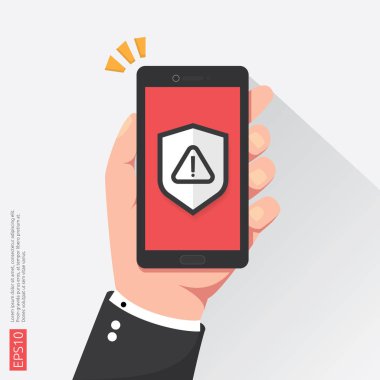 uyarı uyarı işareti ekranda ünlem işareti simgesiyle dikkat ile telefon tutan el. satırı simgesi Internet Vpn güvenlik koruma kavramı vektör çizim için kalkan.
