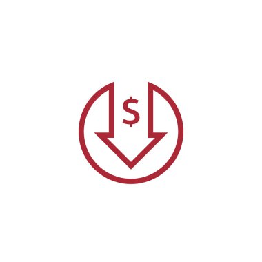 Dolar azaltma simgesi. Yükselen oklu para sembolü yere düşüyor. İş maliyeti azaltma ikonu. vektör illüstrasyonu.