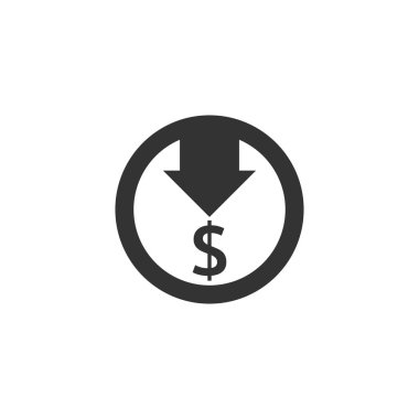 Dolar azaltma simgesi. Yükselen oklu para sembolü yere düşüyor. İş maliyeti azaltma ikonu. vektör illüstrasyonu.