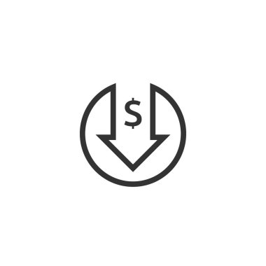 Dolar azaltma simgesi. Yükselen oklu para sembolü yere düşüyor. İş maliyeti azaltma ikonu. vektör illüstrasyonu.