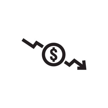 Dolar azaltma simgesi. Yükselen oklu para sembolü yere düşüyor. İş maliyeti azaltma ikonu. vektör illüstrasyonu.