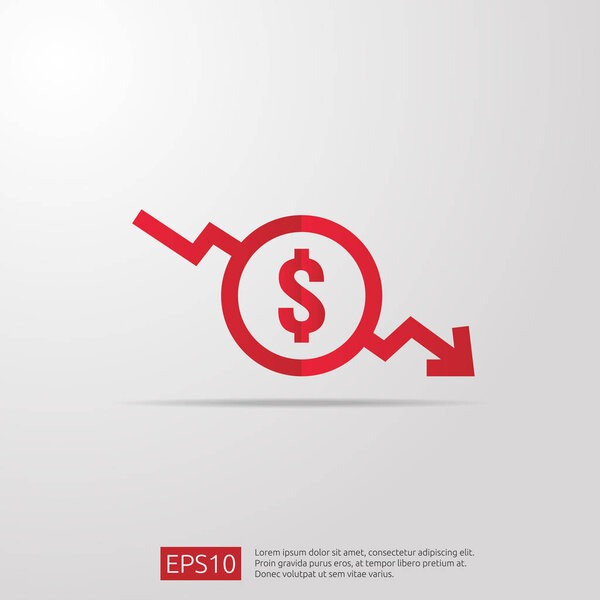 dollar decrease icon. Money symbol with arrow stretching rising drop fall down. Business cost reduction icon. vector illustration.