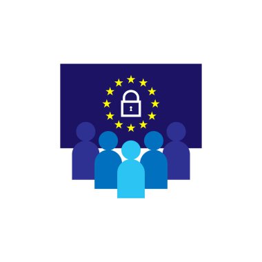 Gdpr. genel veri koruma yönetmeliği. AB harita ve bayrak. İnsanlar simgesi. İş takım çalışması. Sosyal ağ. Kalabalık işareti. Liderlik ya da topluluk kavramı. Düz stil vektör çizim.