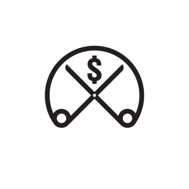 dolar azalma simgesi. Damla yükselen para sembol düşmek. İş makas maliyet azaltma simgesi beyaz arka planda kesti. vektör çizim.