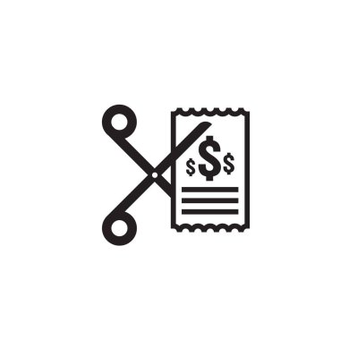 İş maliyet azaltma simgesi. Para dolar azalma sembolü. Makas indirim kupon simgesi beyaz arka planda keser. vektör çizim.