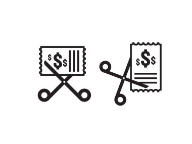 İş maliyet azaltma simgesi. Para dolar azalma sembolü. Makas indirim kupon simgesi beyaz arka planda keser. vektör çizim.