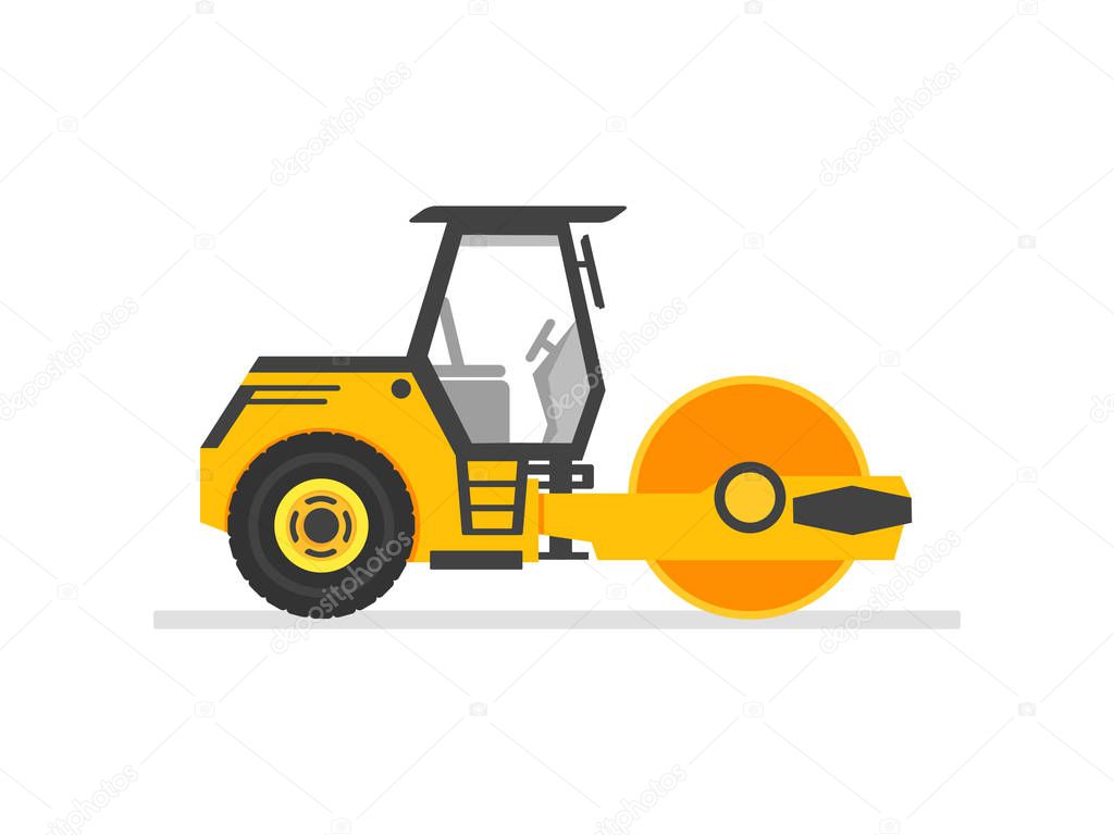 road roller heavy equipment. road roller asphalt compactor. Flat style steamroller Isolated On white clean background. Vector illustration.