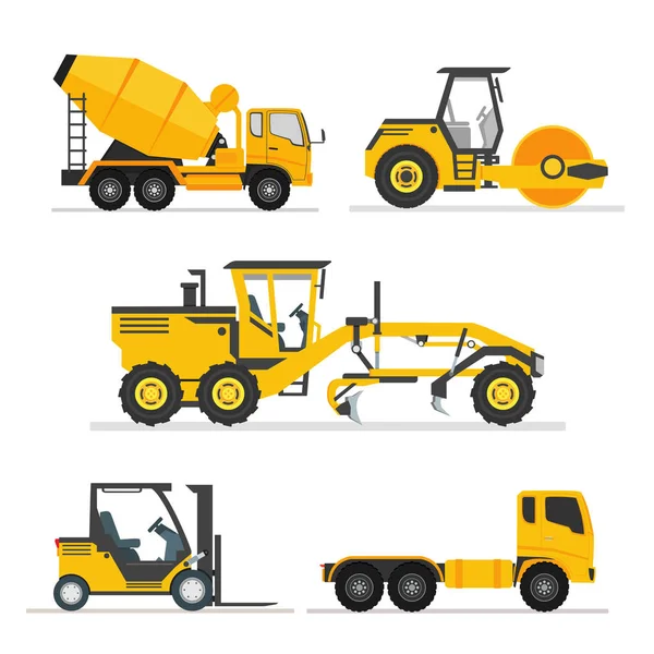Építőipari Nehéz Gépek Csoportja Járművek Építőipari Berendezések Épületben Közúti Földgyalu — Stock Vector