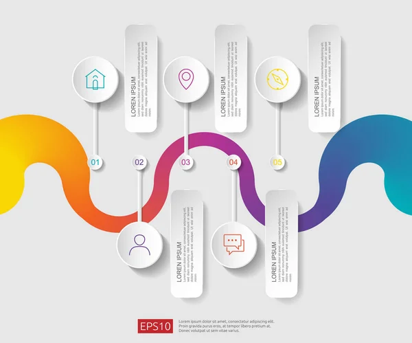 Infografica Passaggi Modello Progettazione Timeline Con Etichetta Carta Cerchi Integrati — Vettoriale Stock