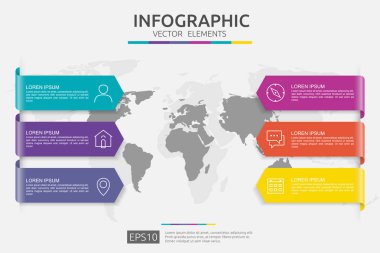 6 adımlar Infographic. zaman çizelgesi tasarım şablonu 3d kağıt etiket ve dünya harita arka plan ile. İş kavramı ile seçme hakkı. İçerik, diyagram, akış şeması, adımları, parçalar, iş akışı düzen, grafik için