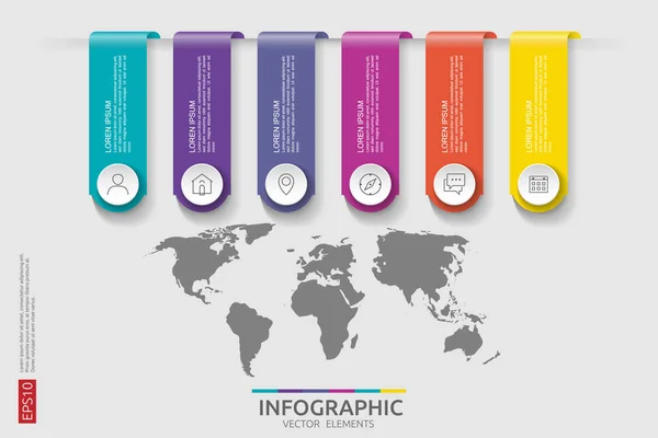 Steps Infographic Timeline Design Template Paper Label World Map Background — Stock Vector