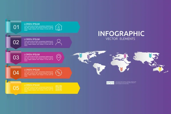 Steps Infographic Timeline Design Template Arrow Element World Map Pin — Stock Vector