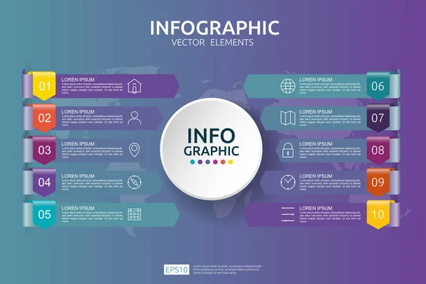 10 adım iş Infographic. zaman çizelgesi tasarım şablonu seçenekleri ile ok ve circle öğesi konsepti ile. İçerik, diyagram, akış şeması, adımları, parçalar, iş akışı düzen, grafik için