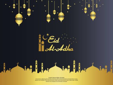 Kubbe Camii ve asılı fener stil kesilmiş kağıt öğesinde ile tasarım Eid al Kurban Bayramı Mübarek İslam tebrik kartı. arka plan vektör çizim