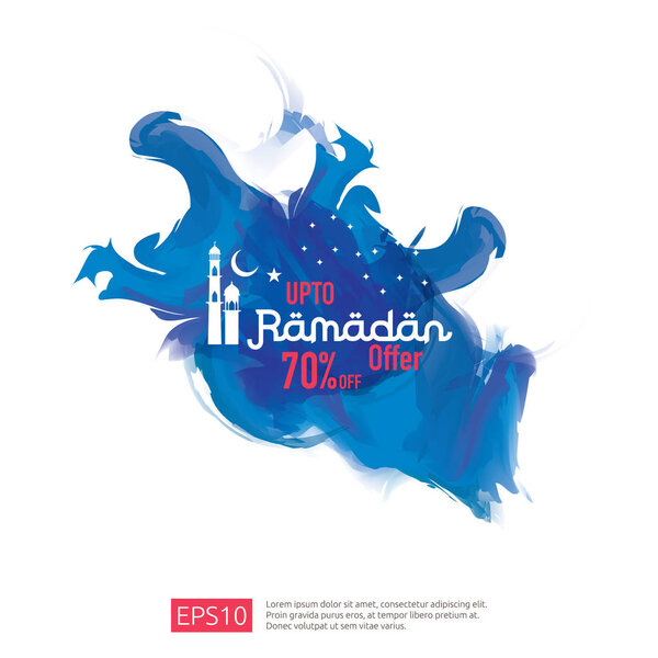 Ramadan sale offer banner design. Promotion poster, voucher, discount, label, greeting card of Ramadan Kareem and Eid Mubarak celebration. blue watercolor background vector illustration