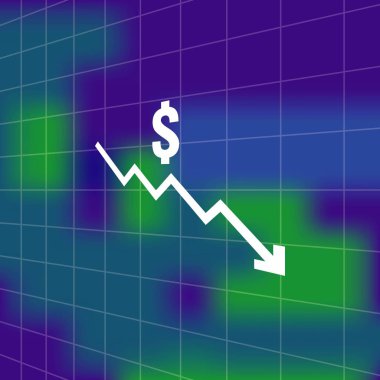 Doları para görüntü arka planı olan simge simge düşmek. ok düşüş ekonomi damla germe. İş kayıp kriz azaltmak. maliyet azaltma iflas simgesi. vektör çizim.