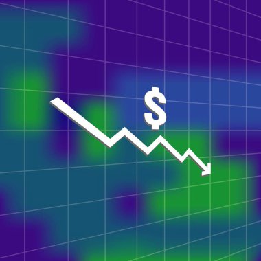 Doları para görüntü arka planı olan simge simge düşmek. ok düşüş ekonomi damla germe. İş kayıp kriz azaltmak. maliyet azaltma iflas simgesi. vektör çizim.