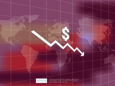 Doları para Dünya Haritası sembolle aşağı düşer ve arka plan bulanıklık. ok düşüş ekonomi damla germe. İş kaybı kriz illüstrasyon azaltın. maliyet azaltma iflas vektör.