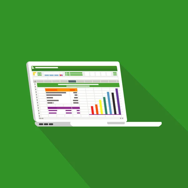 Elektronik tablo üstünde Laptop ekran düz kutsal kişilerin resmi. Finansal muhasebe raporu kavramı. vektör çizim Office şeyler için planlama ve muhasebe, analiz, denetim, proje yönetimi, pazarlama, araştırma