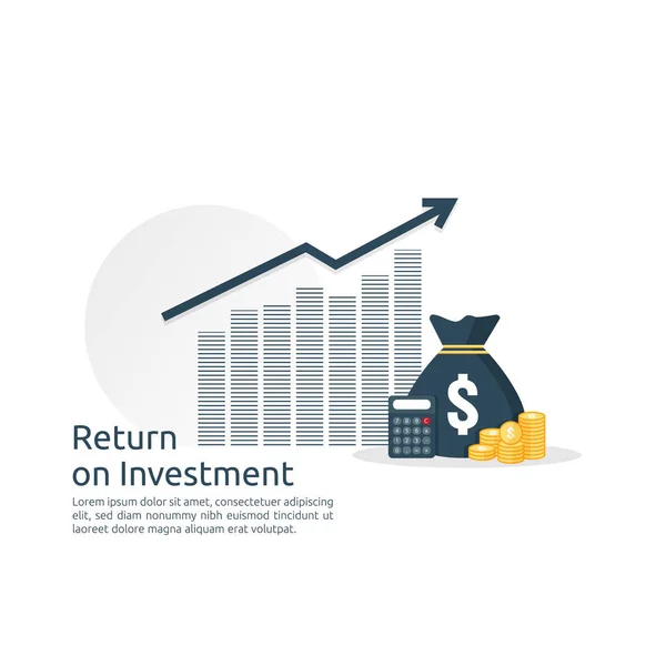投資の投資収益率の概念に戻る 成功するビジネスの成長矢印 スタック杭コインやお金の袋 グラフは 利益を増加させます 財務上の上昇をストレッチします バナー フラット スタイルのベクトル図 — ストックベクタ
