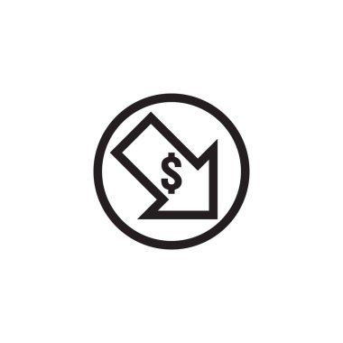 Doları ok azalma simgesi. Para ok sembolü. ekonominin damla germe düşmek. İş kayıp kriz azaltmak. daha düşük maliyet azaltma iflas simgesi. vektör çizim.