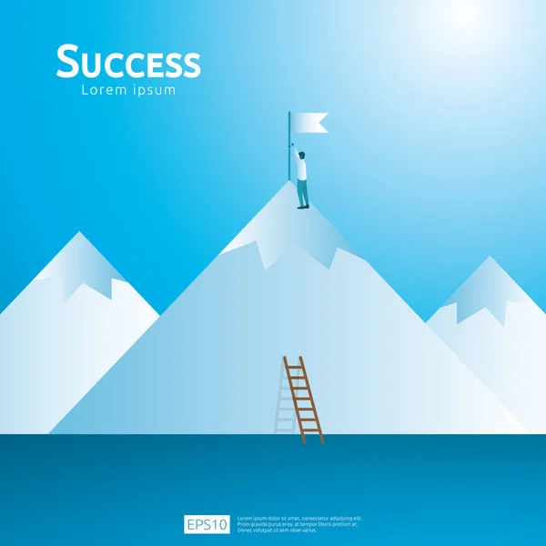 Business concept of achievement success with climbing stair and goal flag on top. Finance successful vision target. growth rising up arrow. flat style illustration of leadership and talent employer