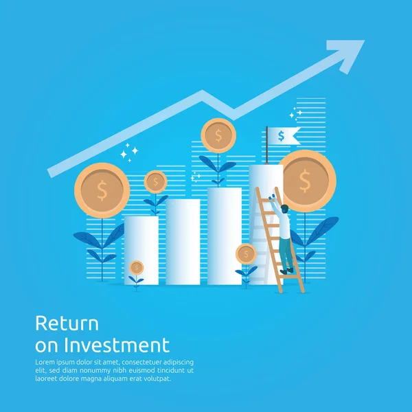 Bedrijfsconcept van verwezenlijking doel succes vlag met trap. Rendement op investering Roi. Financiering van groei visie oprijzen pijl graph-grafiek. zakelijke winst te vergroten. vlakke stijl vectorillustratie. — Stockvector