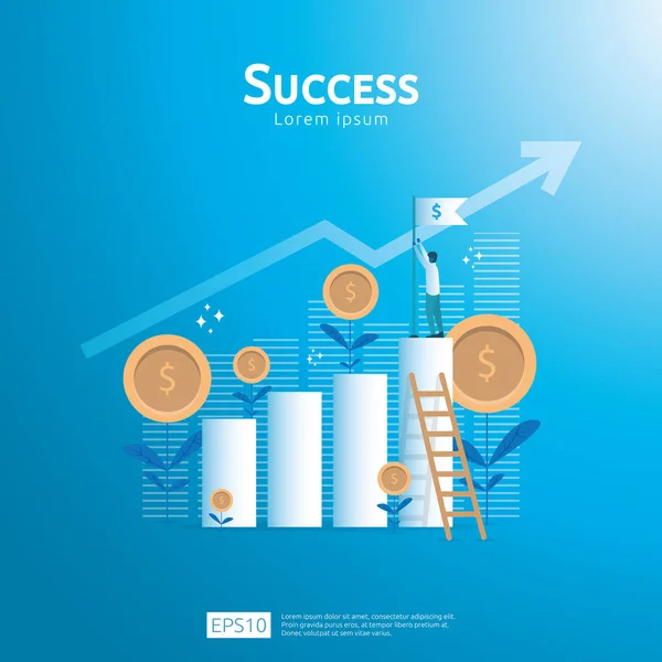 Affärsidé att uppnå mål framgång flagga med trappa. Avkastning på investeringen Roi. Finansiera tillväxt vision stiger upp pilen graph-diagrammet. att öka business vinst. platt stil vektorillustration. — Stock vektor