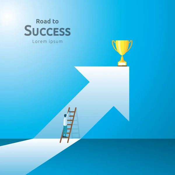 business concept with stair and trophy cup. arrow direction to success winner. Finance growth vision, victory achievement award and personal career development banner flat style vector illustration.