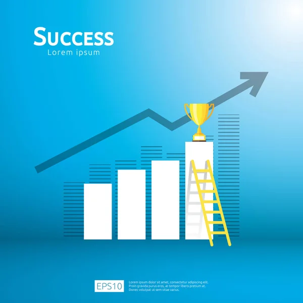 Koncepcja biznesowa ze schodów i trofeum Pucharu. kierunek strzałki do powodzenia zwycięzca. Wizja rozwoju finansów, Nagroda za osiągnięcia zwycięstwa i osobistej kariery rozwój transparent płaski wektor ilustracja. — Wektor stockowy
