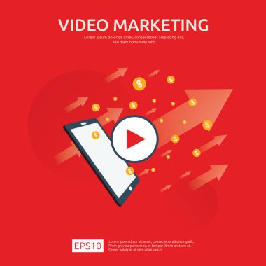 Medya pazarlama kavramı. Video sosyal ağ ile para kazanmaya. Dijital Reklam promosyon stratejisi. Online vlog içerik düz vektör afiş çizim ile grafik ve monitör Pc perde