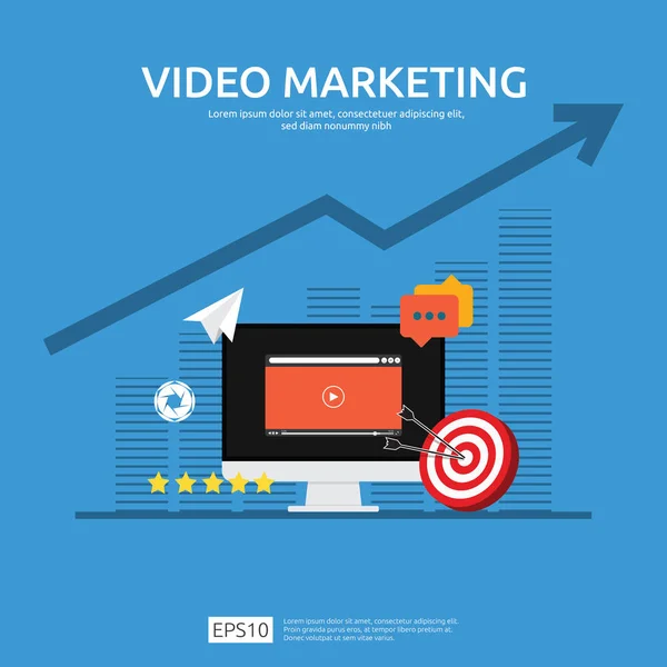 Medya pazarlama kavramı. Video sosyal ağ ile para kazanmaya. Dijital Reklam promosyon stratejisi. Online vlog içerik düz vektör afiş çizim ile grafik ve monitör Pc perde