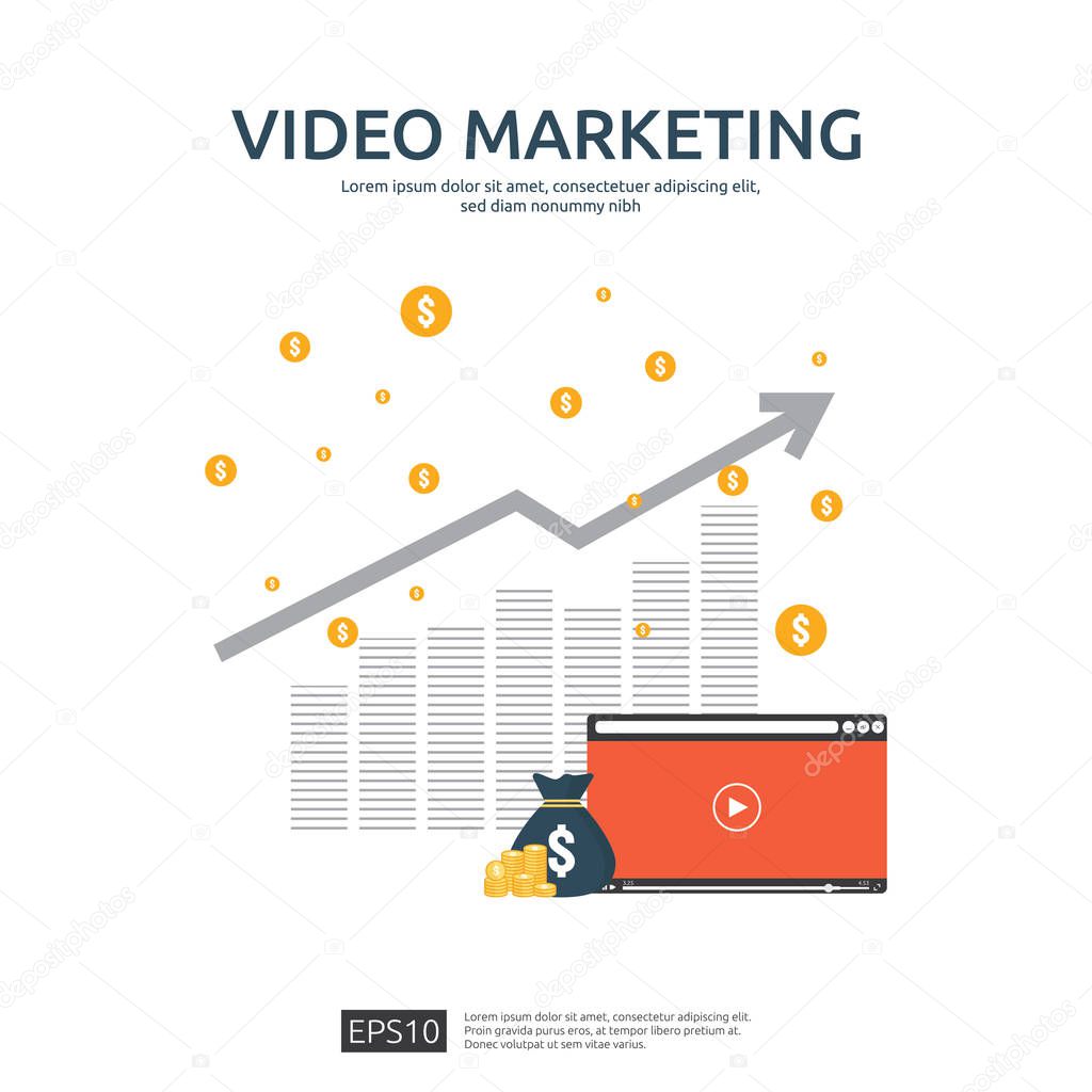 Media marketing concept. Making money from video with social network. Digital advertising promotion strategy. online vlog content flat vector banner illustration with graph and monitor PC screen