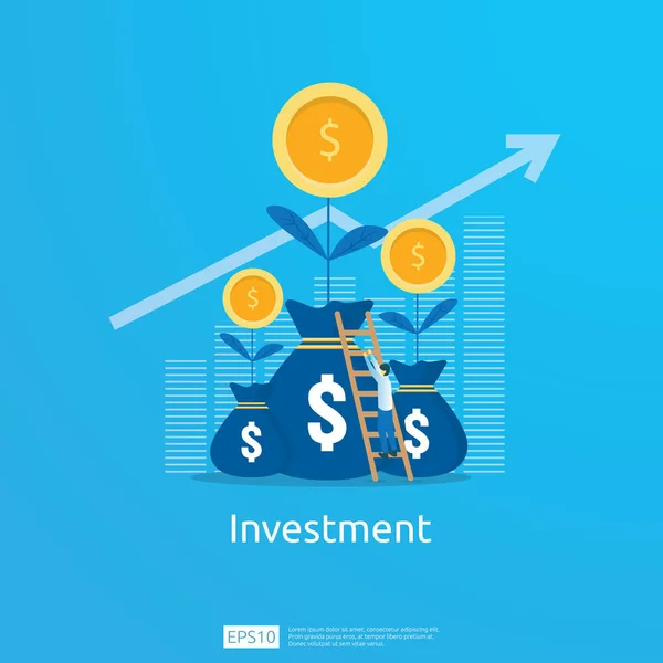 Conceito de negócio de objetivo de realização. Retorno da visão de investimento ROI. setas de crescimento para o sucesso. gráfico gráfico aumentar o lucro com saco de dinheiro. Financiamento a aumentar. banner estilo plano . — Vetor de Stock