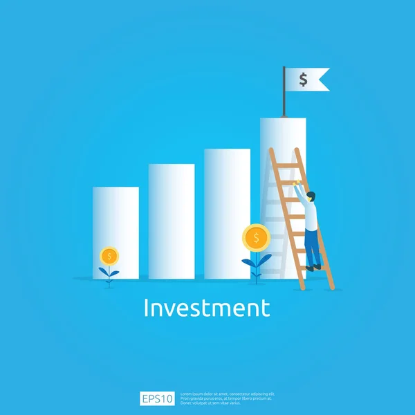 達成目標のビジネス ・ コンセプトです。投資収益率 Roi ビジョンでリターンします。成功する成長の矢印。グラフは、お金の袋で利益を増加させます。財務上の上昇をストレッチします。バナー フラット スタイル. — ストックベクタ