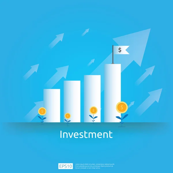 Affärsidé att uppnå målet. Avkastning på investeringar Roi vision. tillväxt pilarna till framgång. Graph-diagram öka vinsten med pengar väska. Finance stretching stiger upp. banner platt stil. — Stock vektor