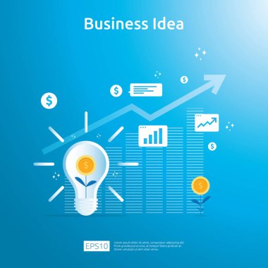 iş fikri Çözümle ampul, Doları para büyüyen bitki unsur ve grafik nesne. Finansal yenilik genel kavram ya da yatırım görüş olanağı ile düz çizmek. vektör çizim