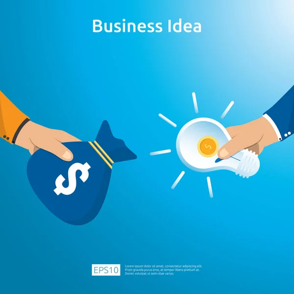 Buy and sell transaction of business idea with hand hold light bulb dollar coin bag and growing plant object. Financial innovation solution concept or investment vision opportunity with flat design