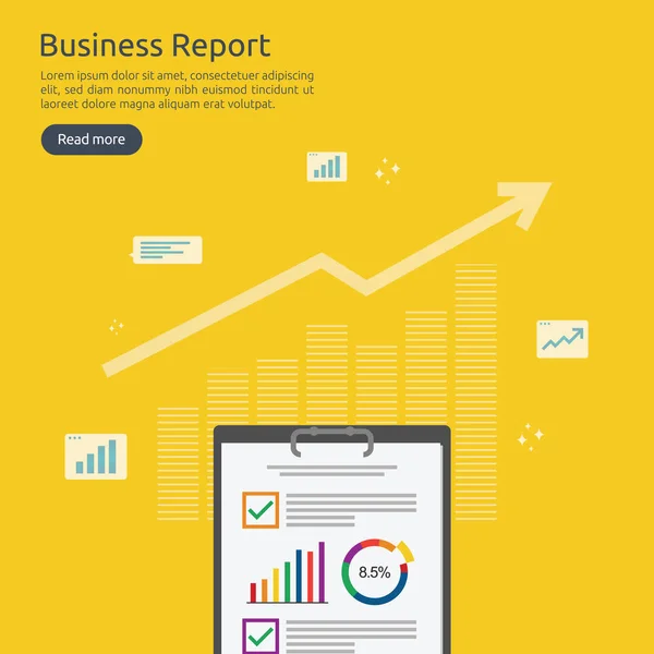 Üzleti elemző vagy pénzügyi kutatási jelentés koncepció. a statisztikai adatpapír-dokumentum pénzügyi számviteli auditje. Vágólap a feladatesetek listájával, grafikon és Táblázatikon sík stílusban. — Stock Vector