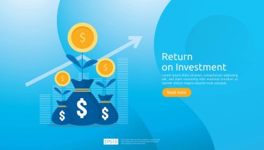 Return on investment ROI concept. business growth arrows success. dollar plant coins, graph and money bag. chart increase profit. Finance stretching rising up. banner flat style vector illustration.