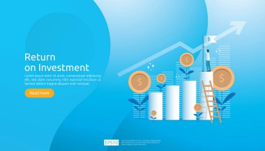 Return on investment ROI concept. business growth arrows success. dollar plant coins, graph and money bag. chart increase profit. Finance stretching rising up. banner flat style vector illustration.