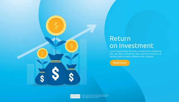 Retorno sobre o conceito de investimento ROI. crescimento do negócio setas sucesso. moedas de planta dólar, gráfico e saco de dinheiro. gráfico aumentar o lucro. Financiamento a aumentar. banner ilustração vetorial de estilo plano . — Vetor de Stock