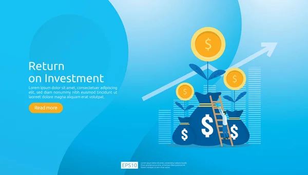 Return on investment ROI concept. business growth arrows success. dollar plant coins, graph and money bag. chart increase profit. Finance stretching rising up. banner flat style vector illustration. — Stok Vektör