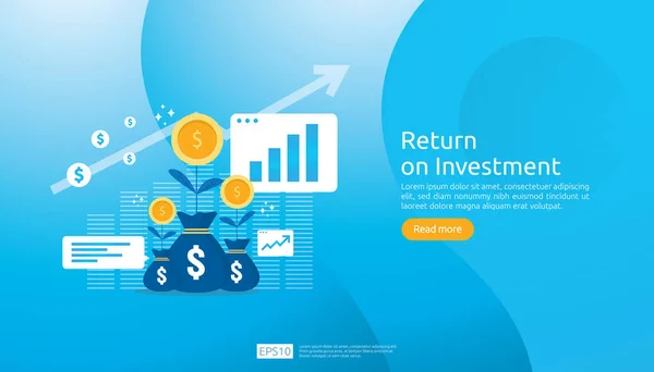 Avkastning på investeringen ROI koncept. Business Growth pilar framgång. dollar Plant mynt, graf och penga påse. diagram öka vinsten. Finansieringen sträcker sig uppåt. banner platt stil vektor illustration. — Stock vektor